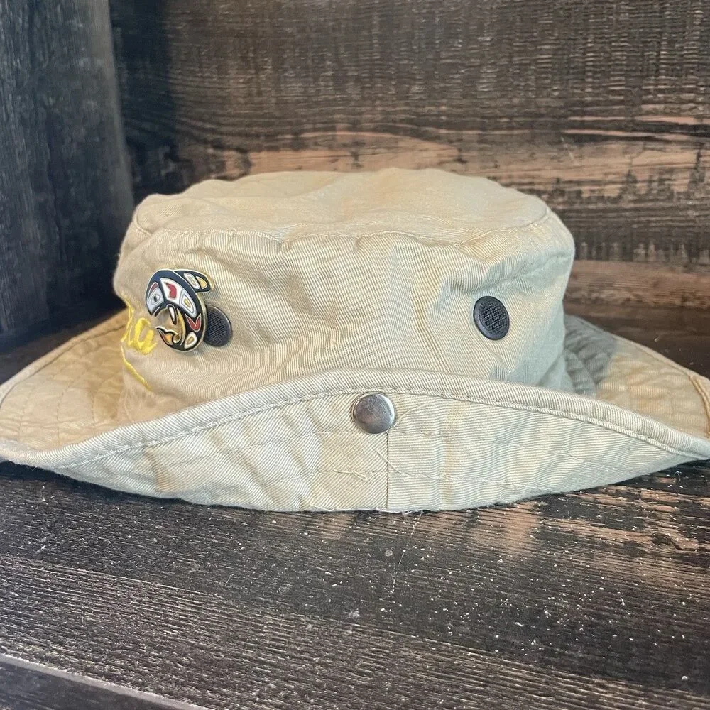 Vintage Northwest Coast Alaska Fishing Hat Orca Native Art, Flag, Walrus Pins